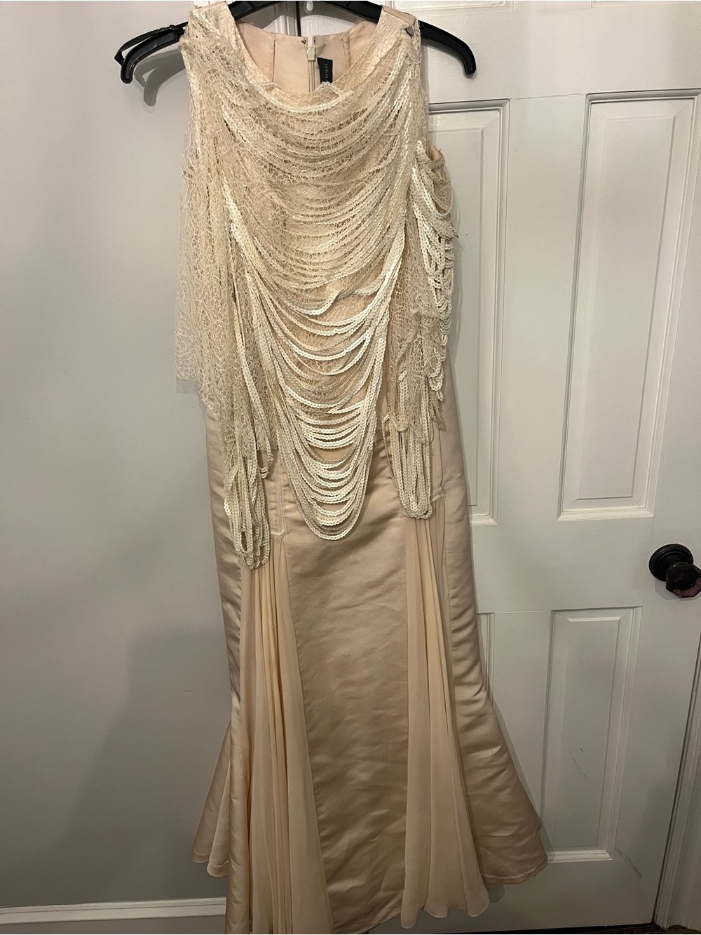 Dennis basso Elegant Cream Beaded Evening Gown